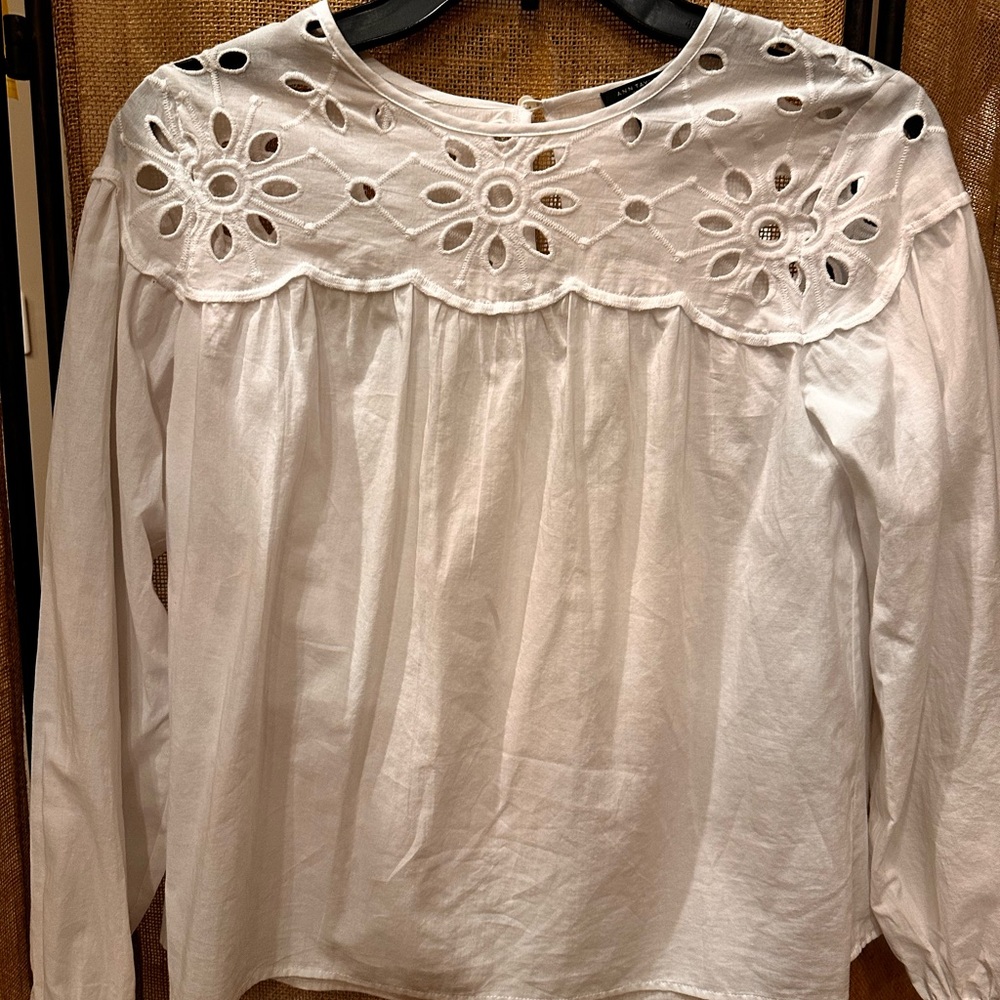 Ann Taylor White cotton Top with Eyelet- Size XSP. Buttons in back 1 top button
